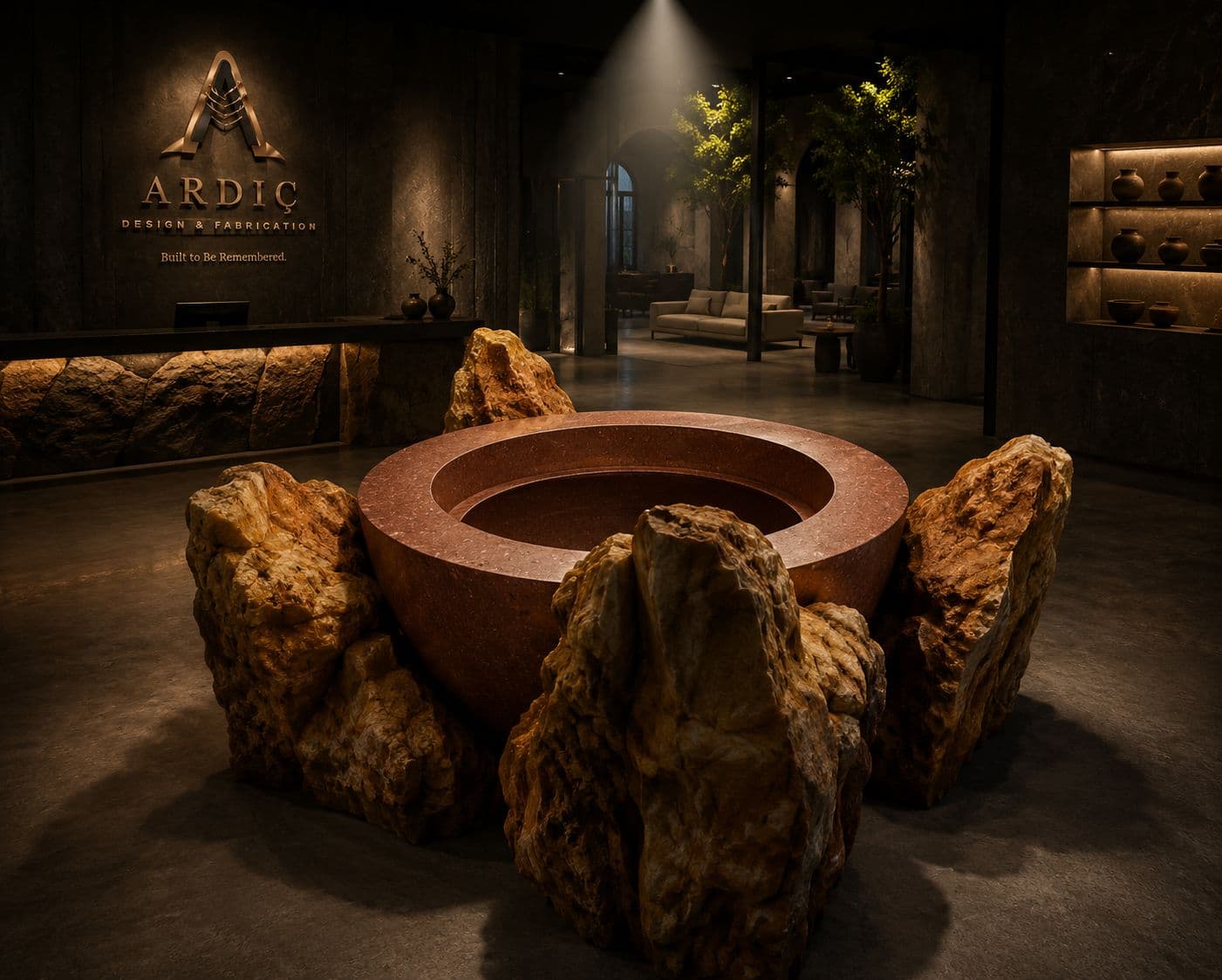 Dark premium lobby with natural rock forms and Ardic wall branding