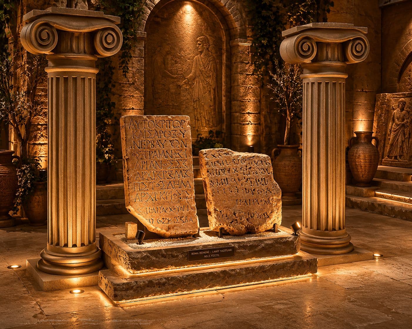Roman columns, ancient stone tablets, and warm historical lighting