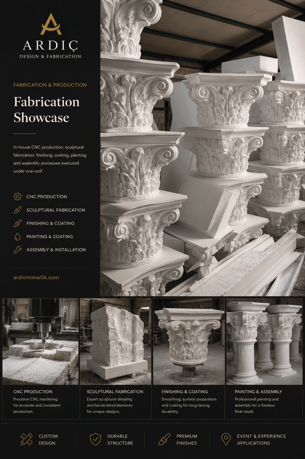 White Corinthian column production and sculptural fabrication details